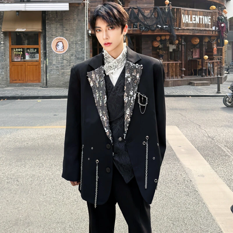 小众金属链条重工西装亮片西服