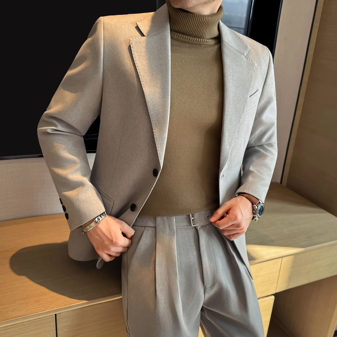 西服套装男士秋冬休闲拼接休闲修身西装两件套小西服韩版小西装