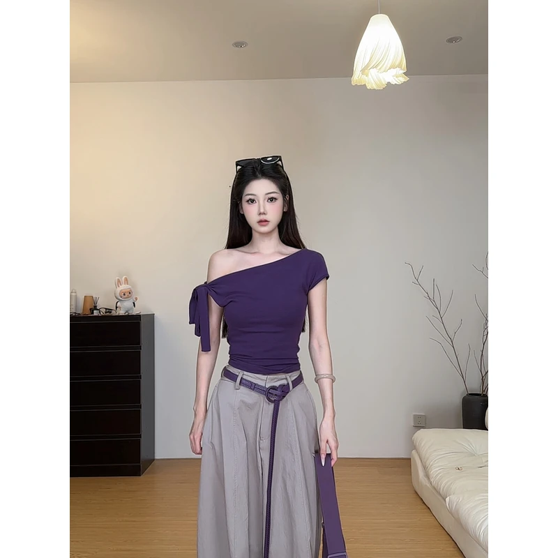 （6-8运贴）“一衣多穿”送绑带修身短袖T恤可绑带蝴蝶结上衣