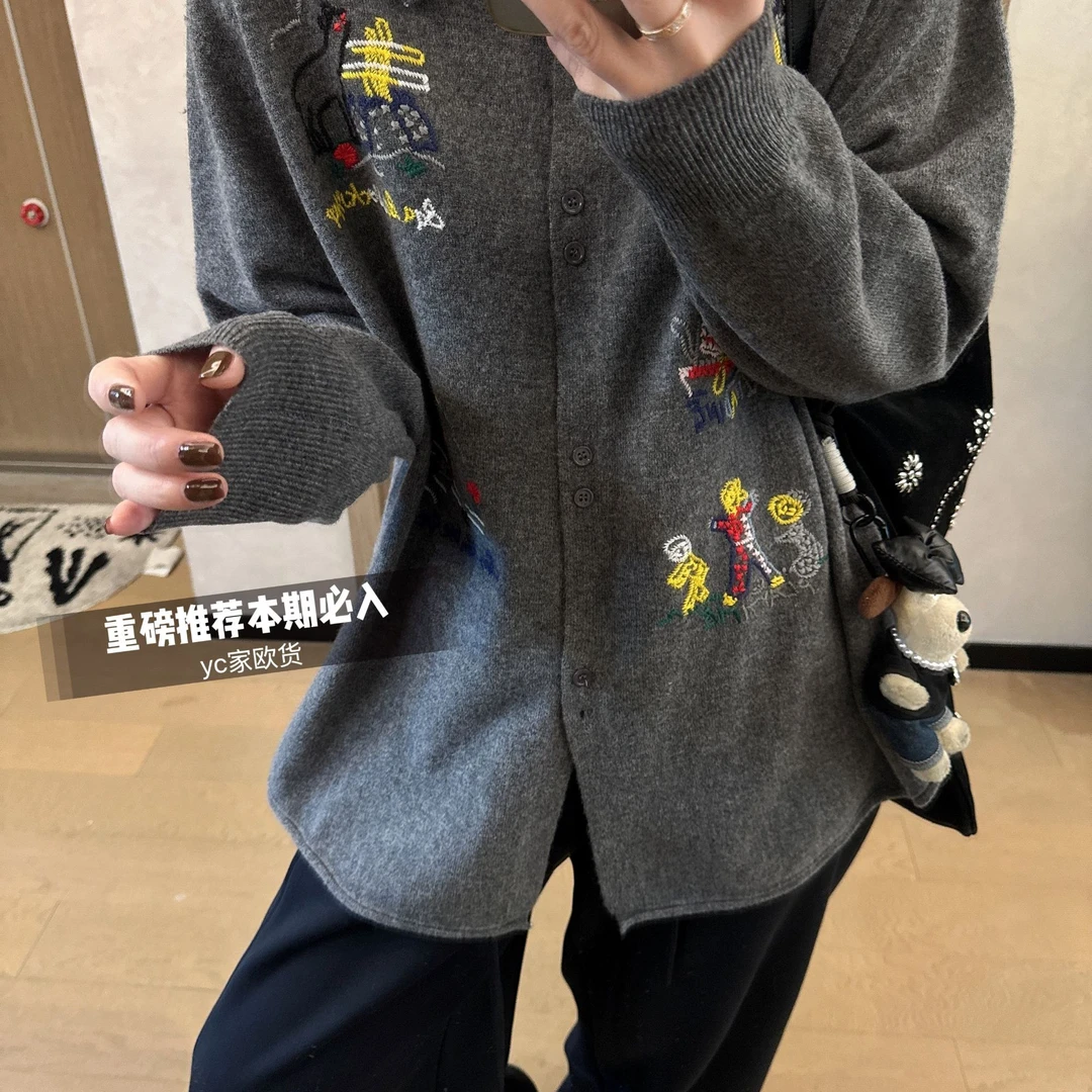 【NO退NO换】欧货【自在如风】松弛感刺绣衬衫款咩咩毛侧面开叉上衣