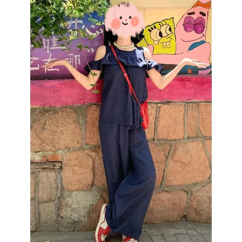 大码微胖复古镂空露肩荷叶边衬衫上衣高腰阔腿裤两件套99971#