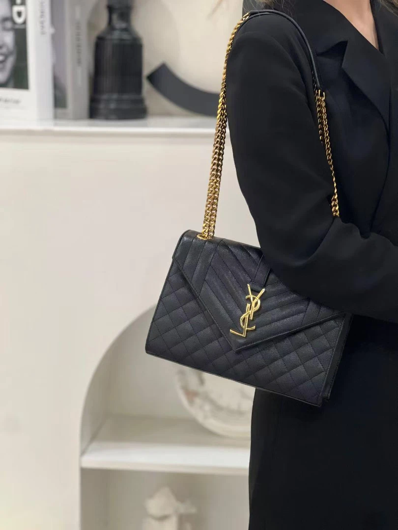 99新 YSL/圣罗兰 ysl 新款信封中号黑金/优品