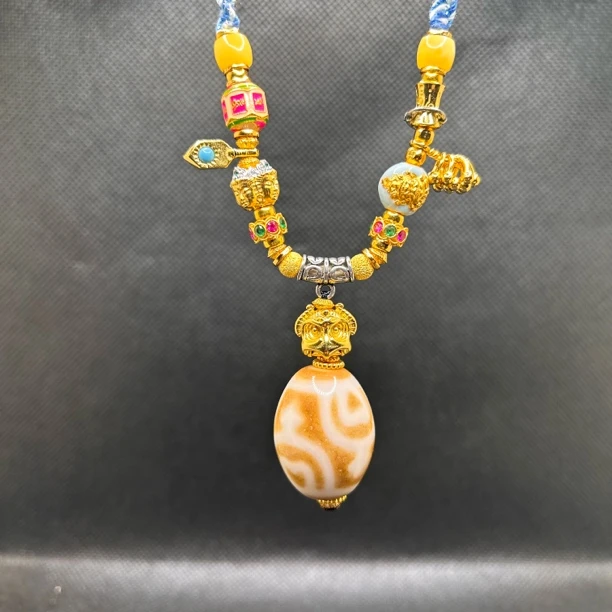 台珠手工珠老吴纯系老料四宝瓶莲心条纹玛瑙达洛天珠设计款锁骨链