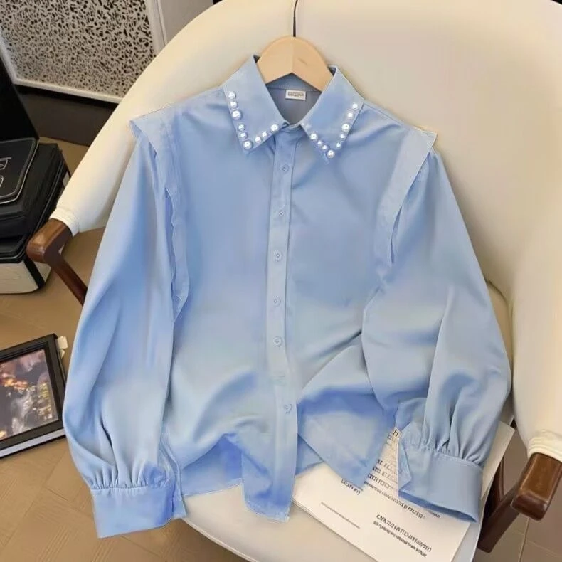 春装新款蓝色钉珠叠穿衬衣法式小衫小众设计感长袖职业衬衫