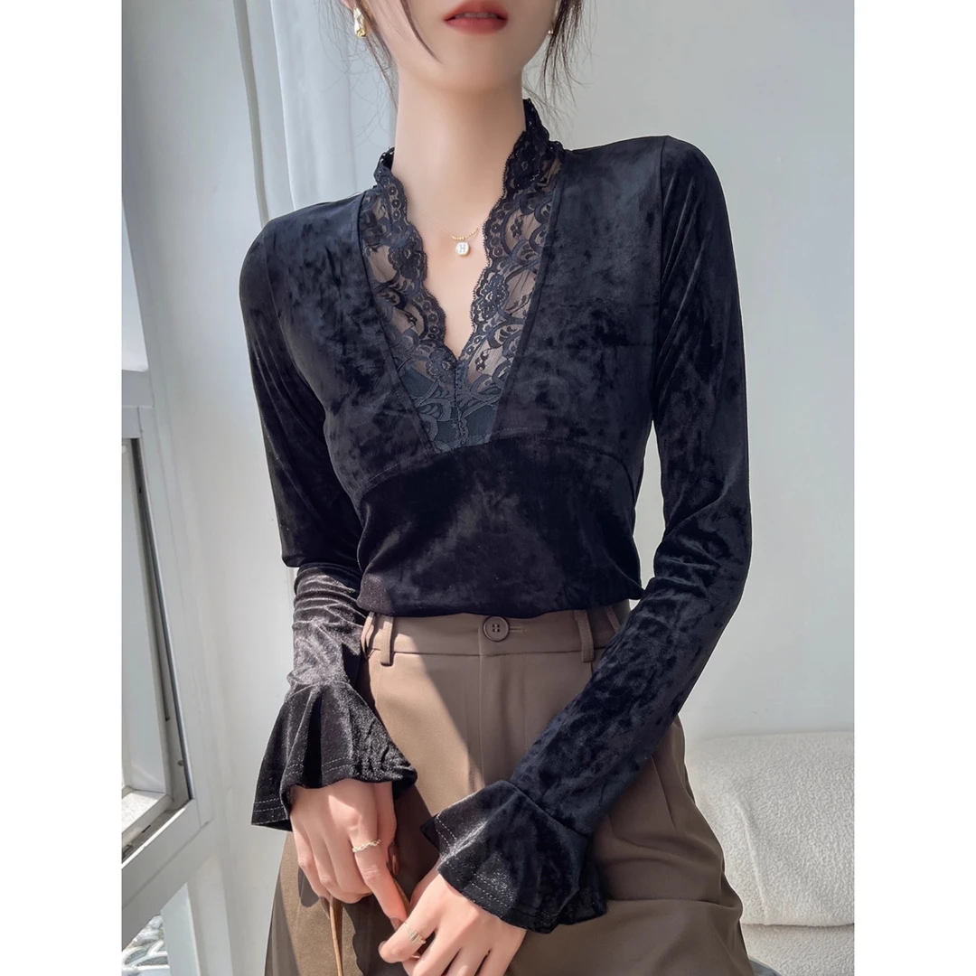 金丝绒v领黑色打底衫女内搭春秋时尚蕾丝拼接长袖t恤上衣气质优雅