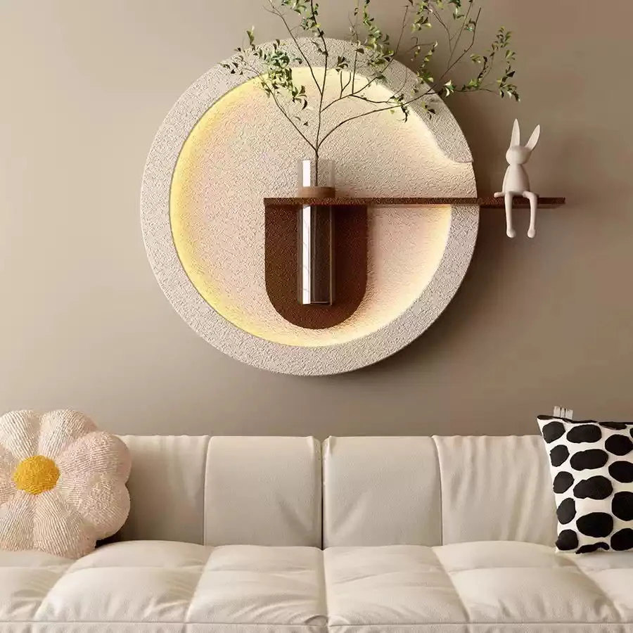 餐厅砂岩圆形灯画水培绿植装饰画立体玄关可插花客厅玄关发光画