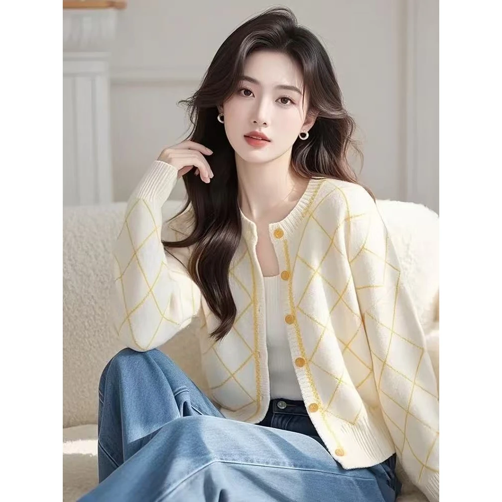 韩版气质超好看菱格撞色女2025年春季新款洋气高级感百搭上衣