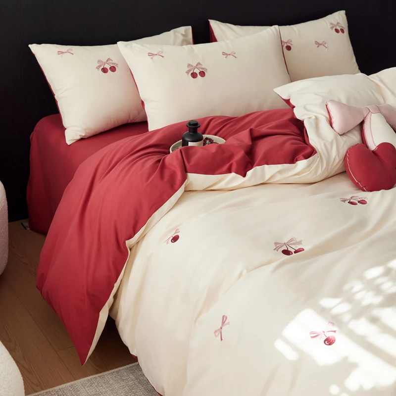 春季加厚100s全棉磨毛刺绣床上四件套轻奢高级感纯棉床单套三件套
