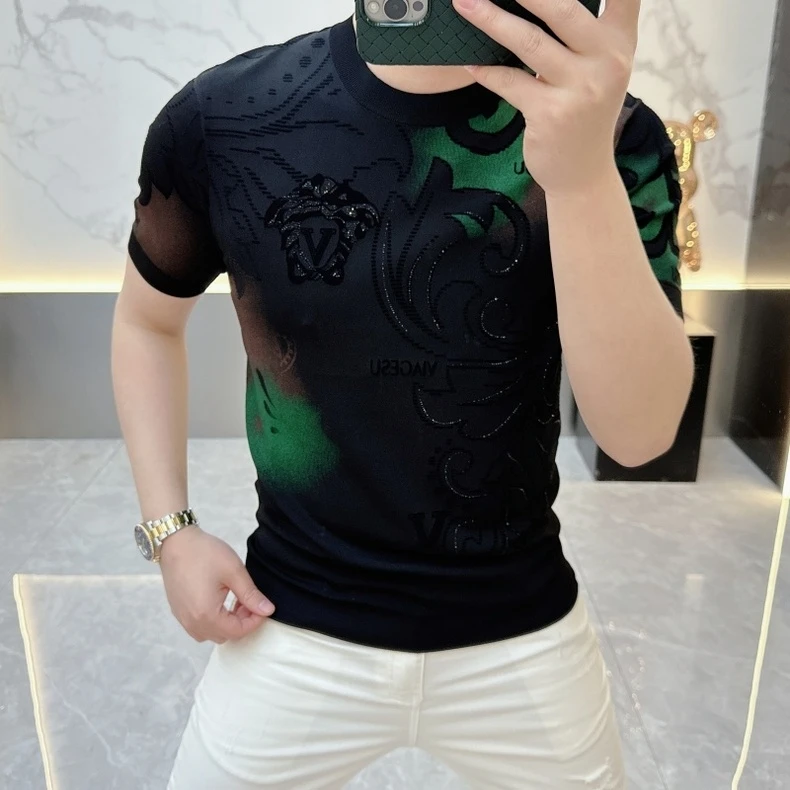 短袖男t恤青春流行夏季新款时尚经典提花潮牌半袖爆款个性针织衫