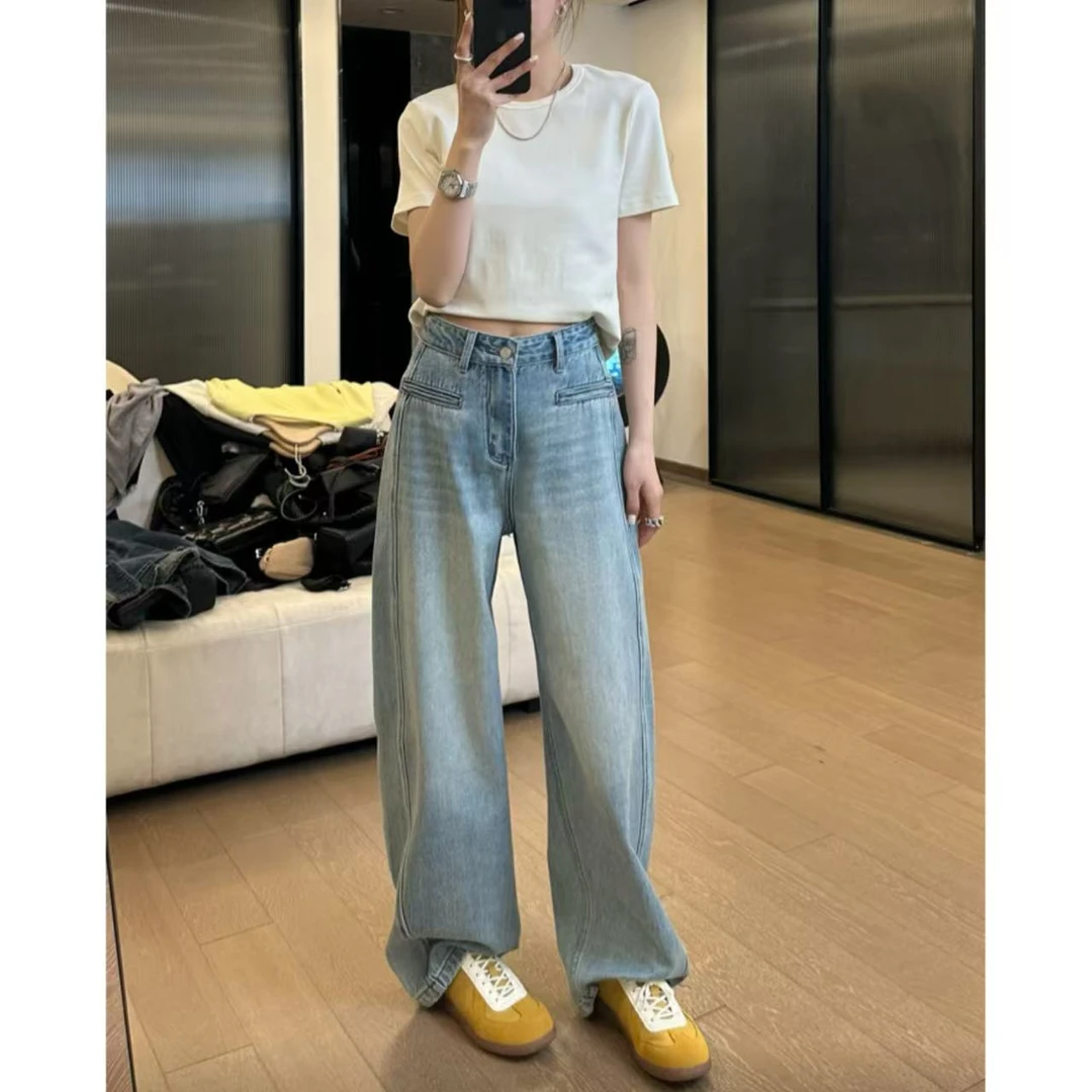小静静一会 2025春 一字口袋双裤线立体宽弯刀牛仔裤 2502C287
