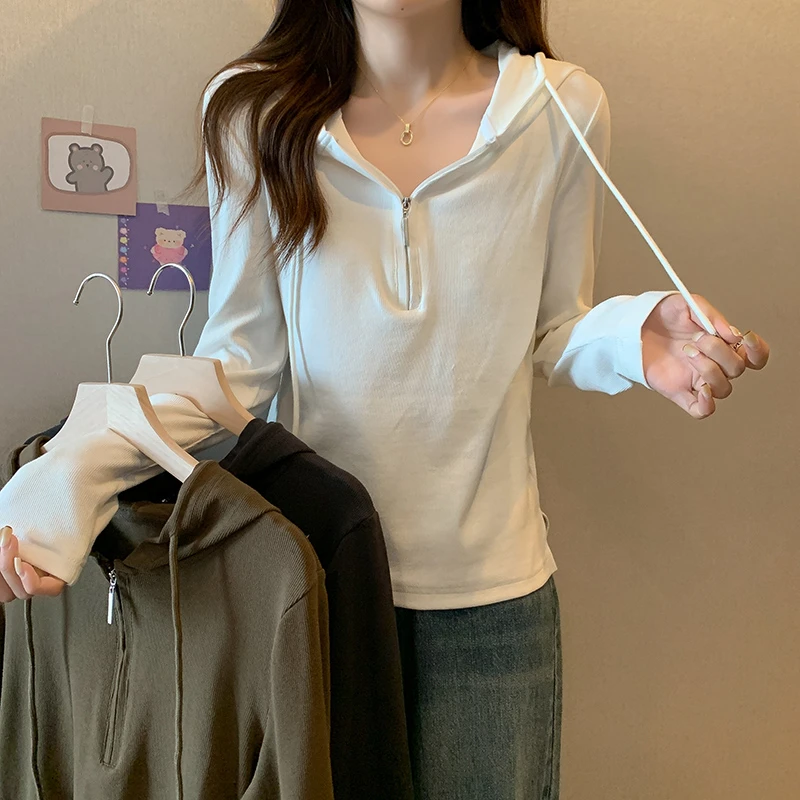 【粉丝专享】白色连帽长袖t恤女拉链薄款设计感短款上衣内搭打底衫