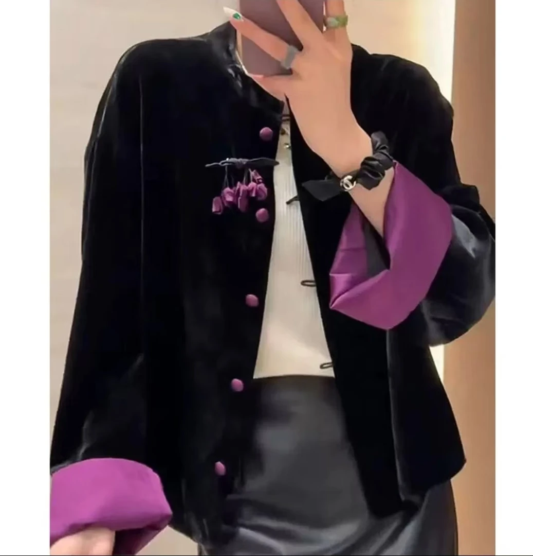新中式复古国风女装桑蚕丝真丝丝绒风铃花吊坠袖口拼色外套