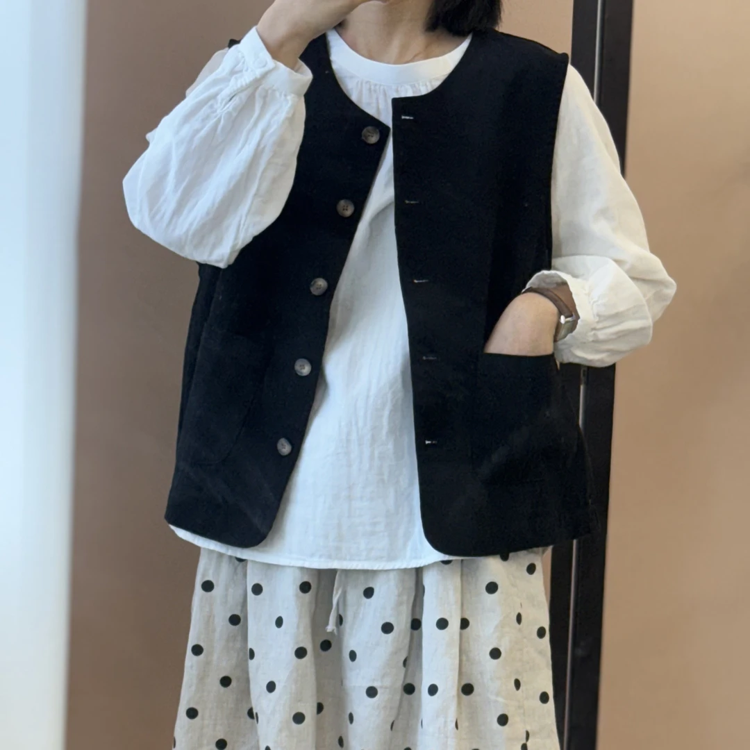 冰糖扣马夹百搭款休闲复古简约圆领常规宽松型马夹