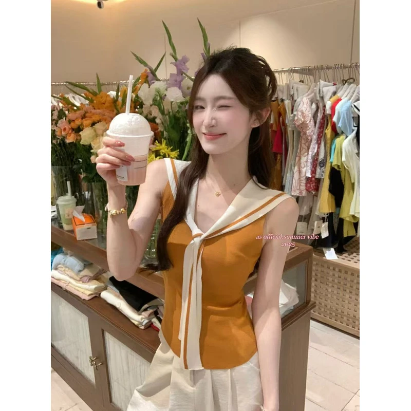 “夏日海风”学院风撞色海军领无袖针织小衫夏季背心上