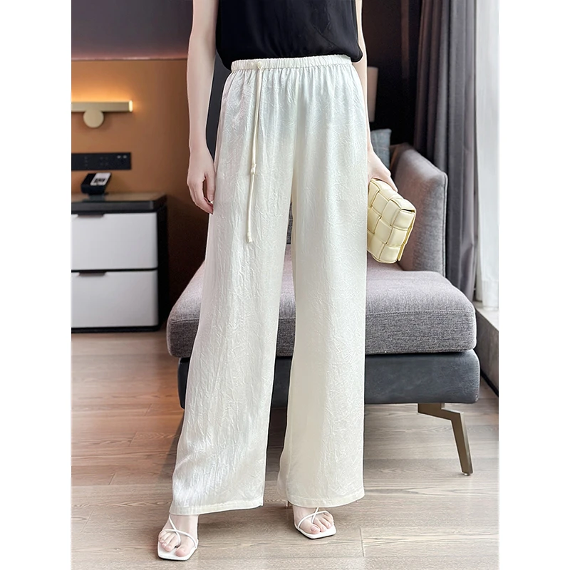 左左家 轻奢中式风~高级感皱褶肌理醋酸阔腿裤松紧腰垂坠直筒长裤