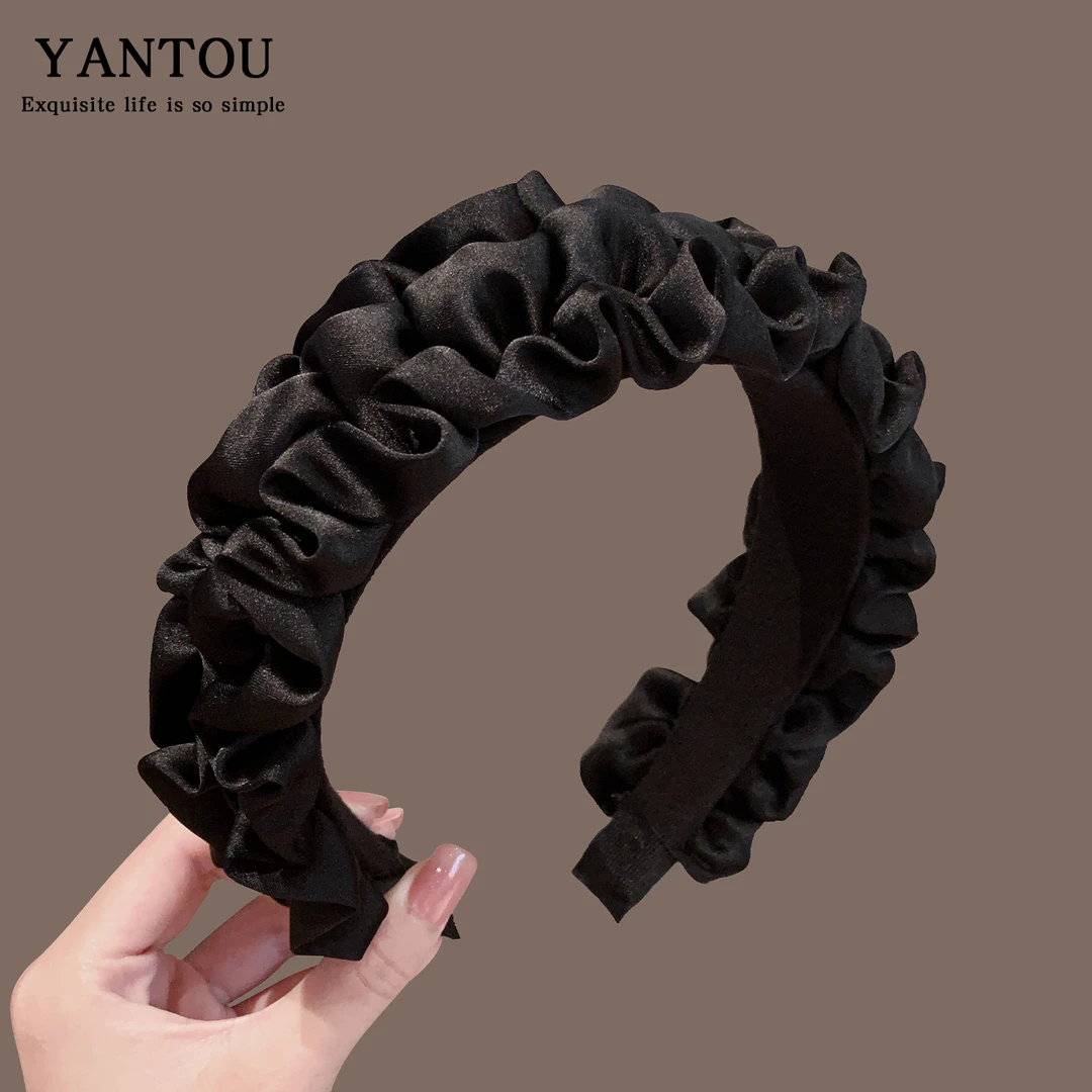 黑色褶皱布艺发箍女2025新款高颅顶显脸小压发头箍减龄感洋气发卡