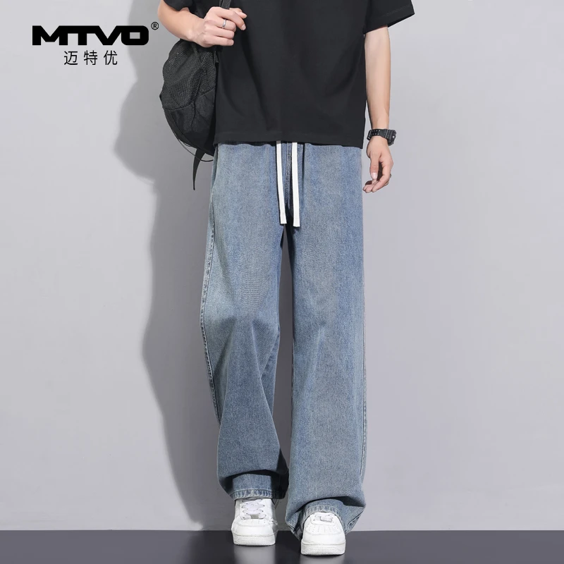 夏季直筒牛仔裤男2025新款薄款休闲阔腿美式高街运动水洗长裤