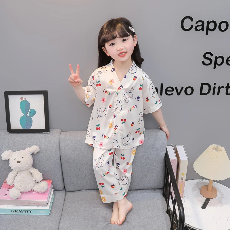 女童冰丝睡衣夏季薄款短袖新款开衫卡通儿童家居服宝宝小女孩套装