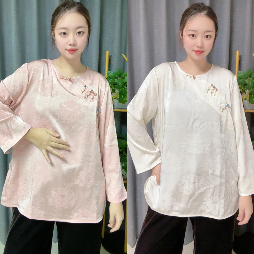 【68206】新中式国风圆领盘扣提花百搭长袖打底上衣女提花缎面