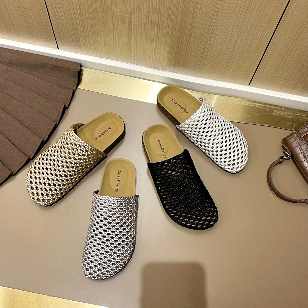 牛皮巨舒适百搭2025夏新款镂空编织渔网平底厚底包头半拖女外穿