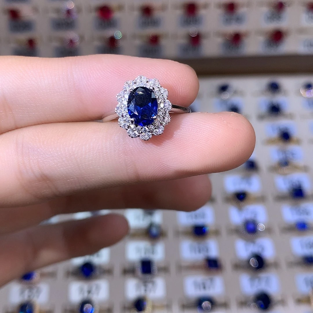 蓝宝石戒指银S925镶嵌银色57