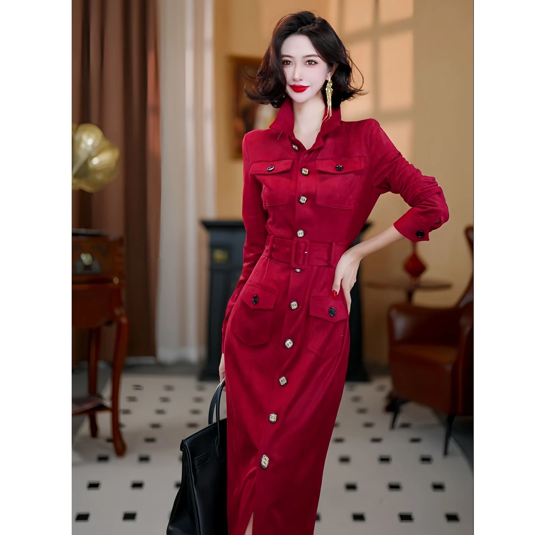 【大晶定制】秋季新款气质工装风红色修身排扣长款连衣裙