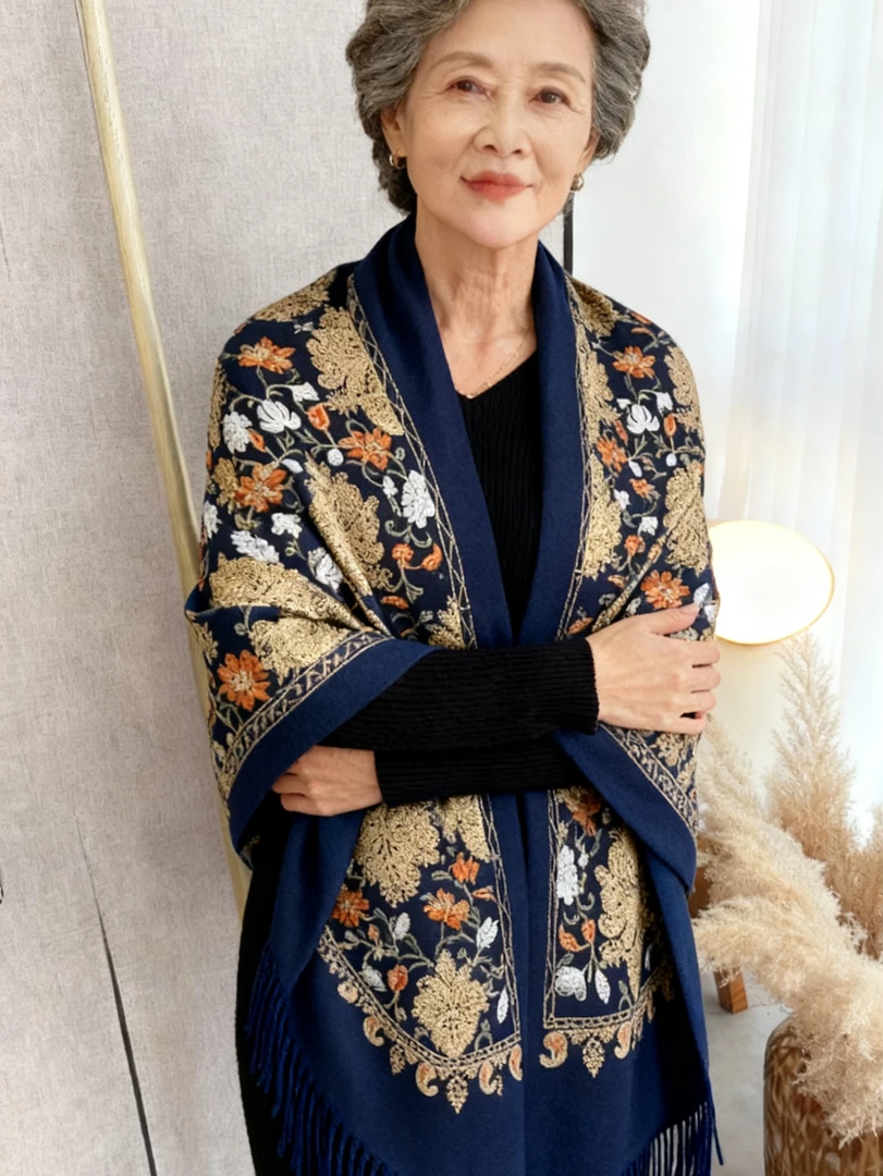 冬季保暖仿羊毛绒民族风牡丹花披肩刺绣围巾