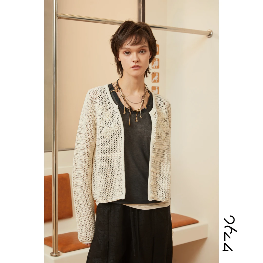 【花季】手工刺绣！定制意大利棉带子纱茶白色镂女装开衫8731