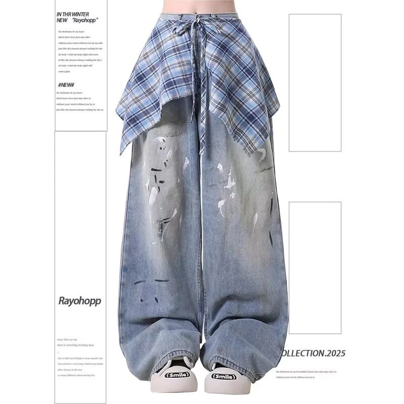 泼墨做脏做旧牛仔裤男女装美式街头创意屁帘设计宽松垂感直筒长裤