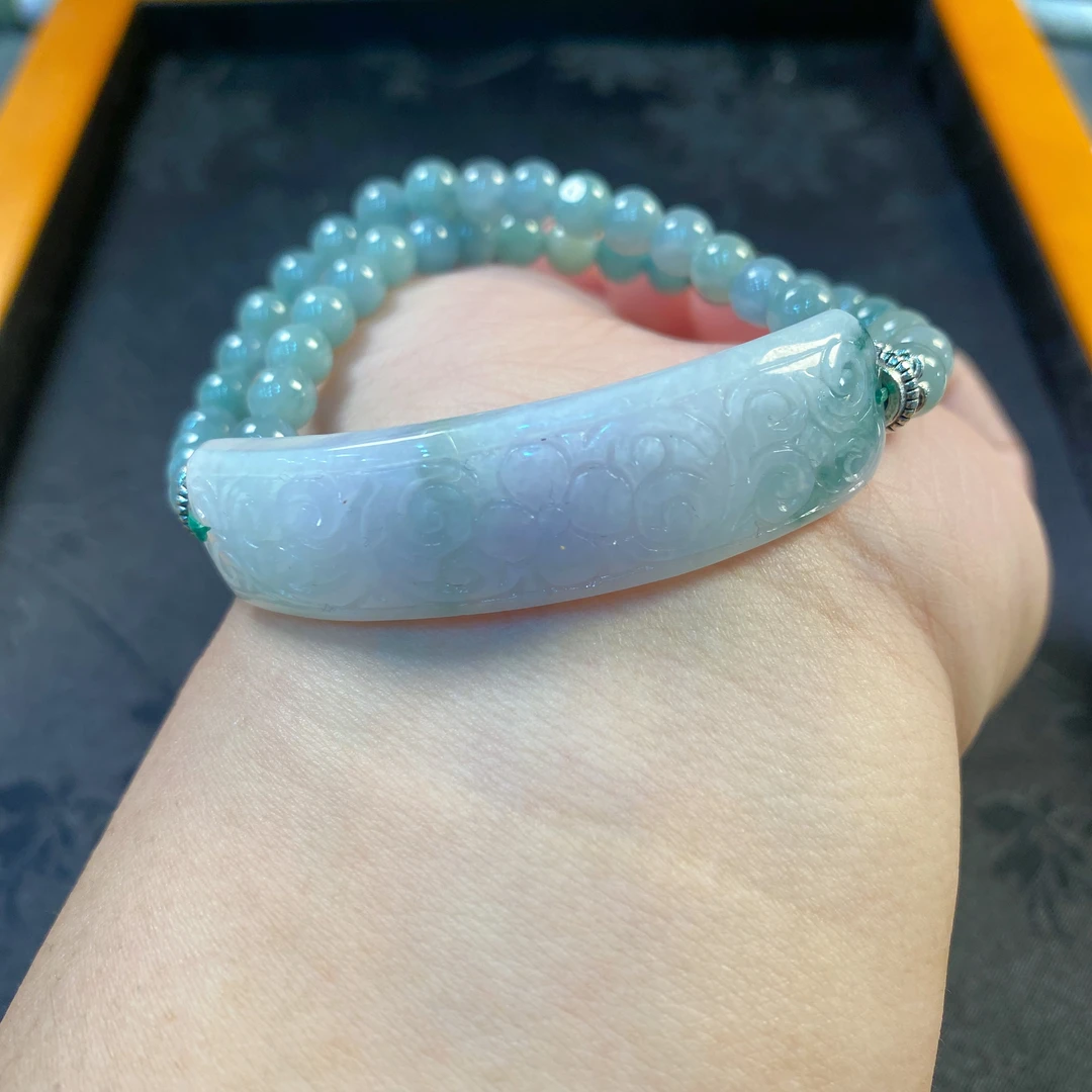 翡翠冰紫手牌荷叶鱼设计款手串