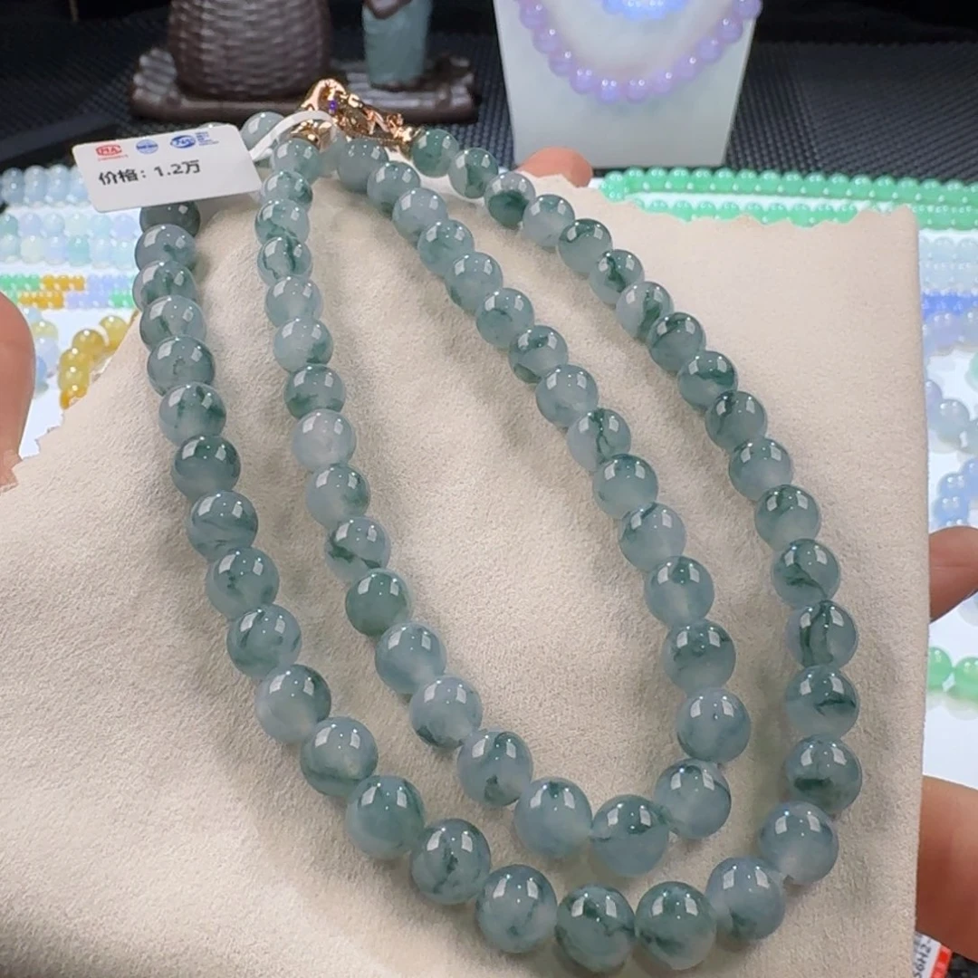 翡翠手链未镶嵌冰胶飘蓝花长串8-8.8mm