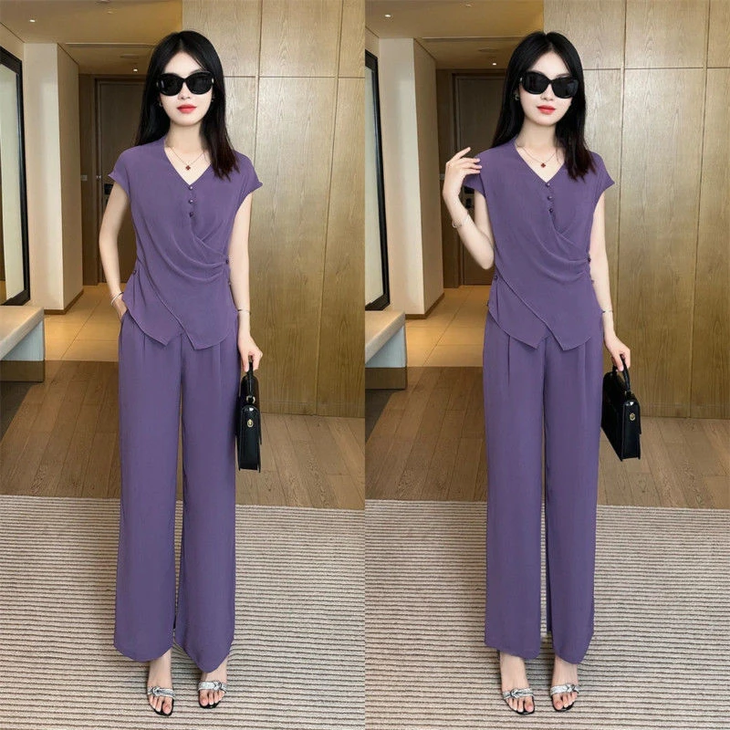 夏季新款洋气显瘦减龄短袖上衣中年妈妈装气质上衣阔腿裤两件套