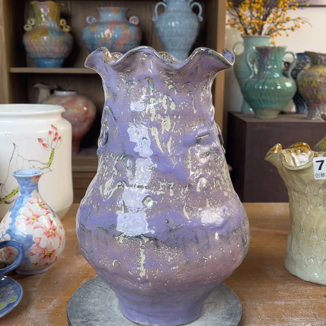 摆件陶瓷花瓶高29口径9.5盘泥微瑕