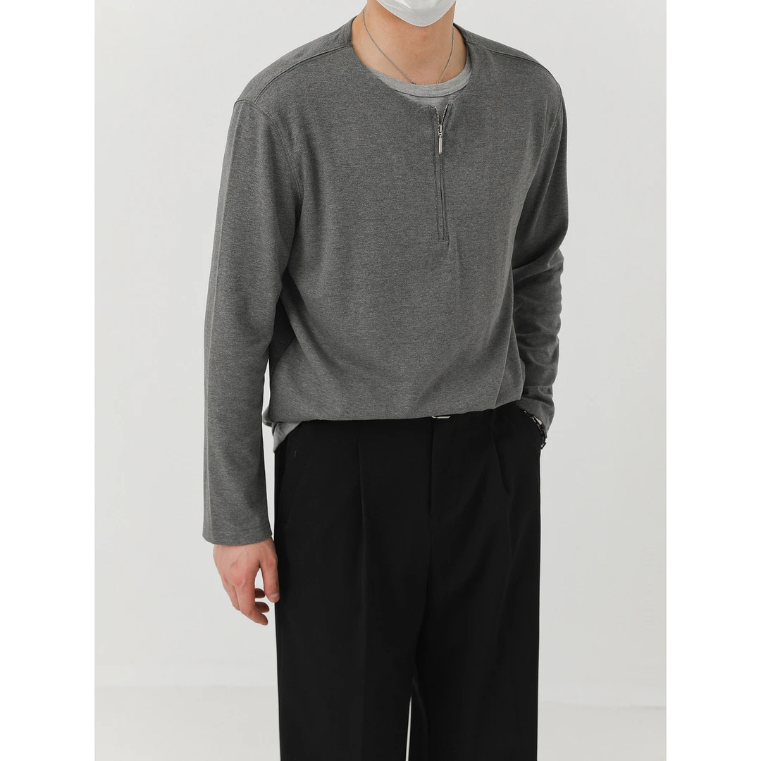 卓卓秋季上衣韩系宽松半拉链假两件长袖T恤男高级感打底体恤衫