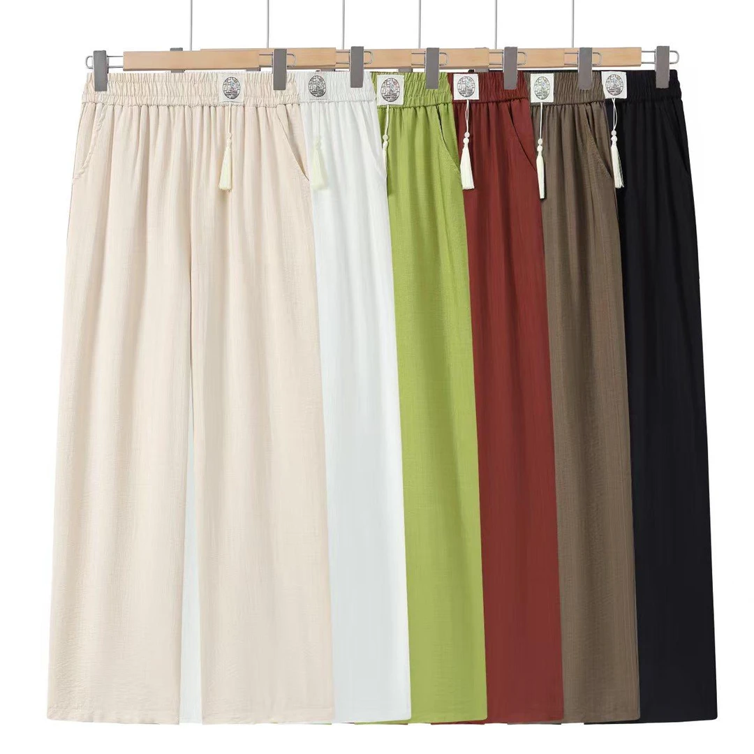 夏季直筒裤垂感吸汗休闲裤宽松口袋长裤阔腿裤复古中老年妈妈裤