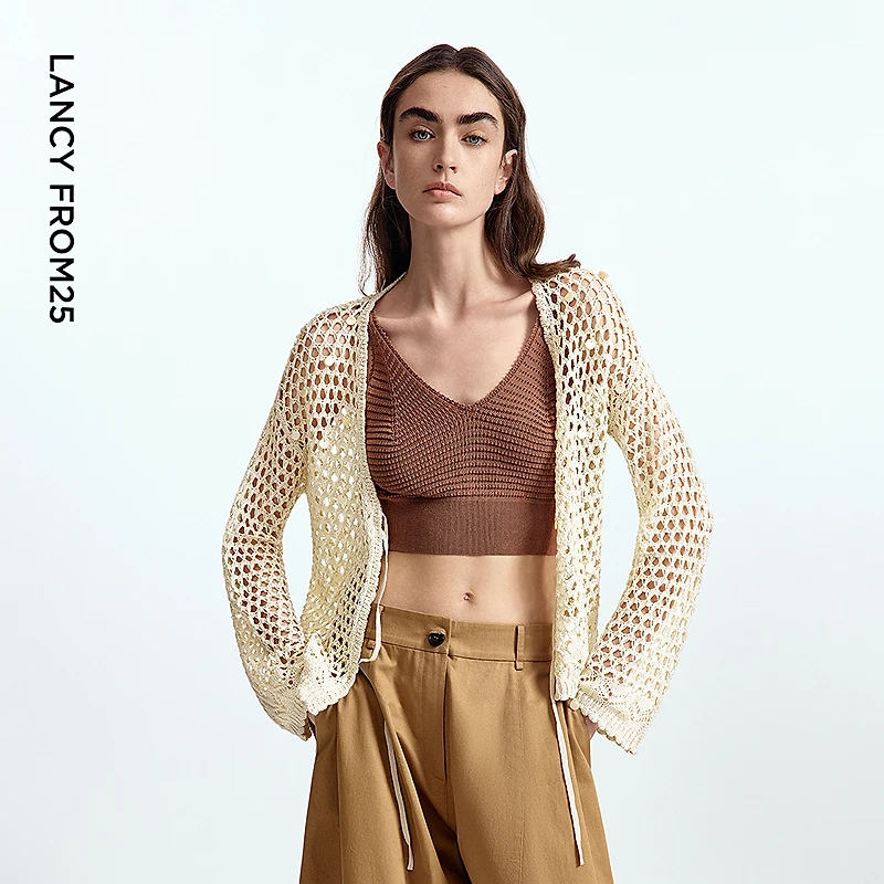 【漾25系列】朗姿镂空开衫气质毛针织衫2025年夏季新款罩衫上衣