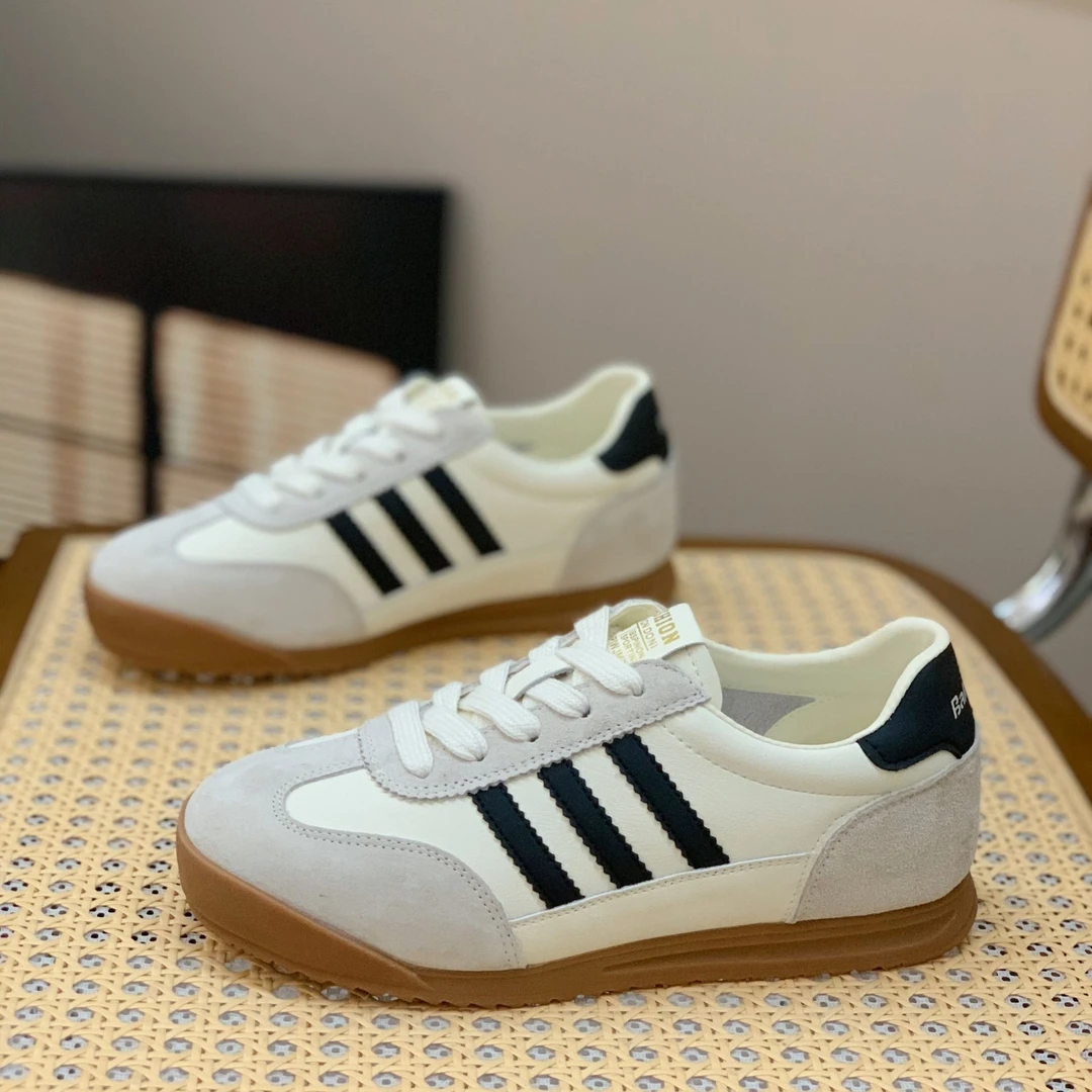 德训鞋女2025春季新款百搭舒适平底防滑系带拼色真皮休闲圆头板鞋