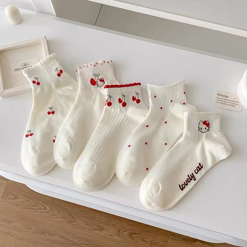 白色袜子女短袜ins潮春夏季薄款日系可爱卡通樱桃小猫学生短筒袜