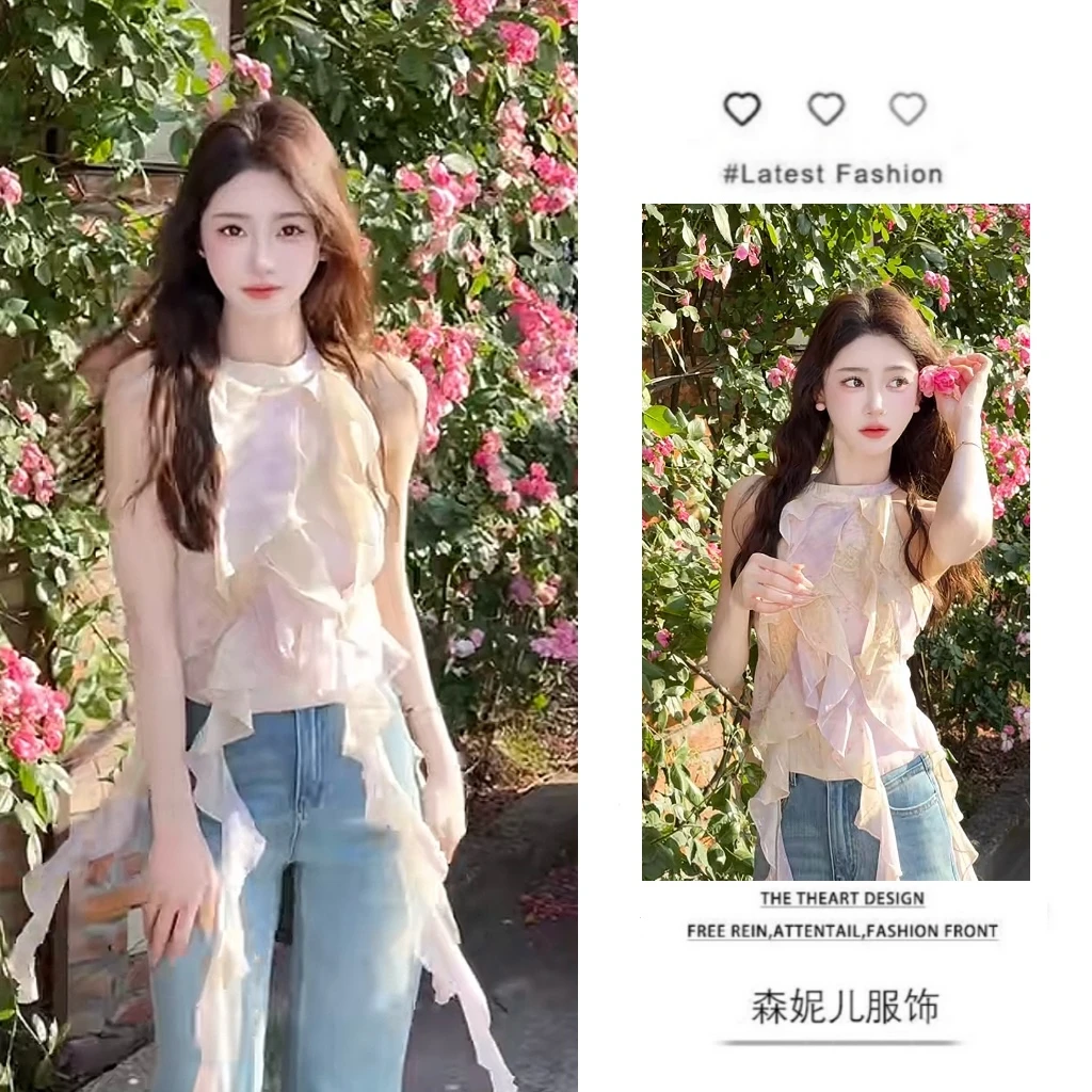 夏季温柔系穿搭女2025新款韩版时尚荷叶飘带上衣百搭牛仔裤两件套