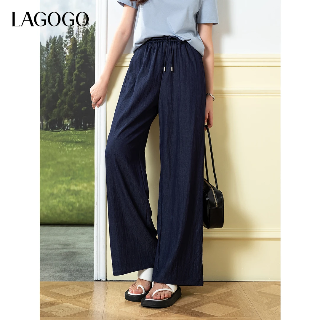 【绿子粉丝】lagogo2025新款高腰松紧深牛仔蓝直筒裤女OAKK533G31