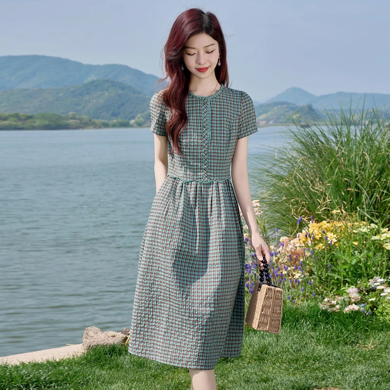格子夏季小个子长裙印花可洗花卉连衣裙夏装显瘦修身收腰田园风