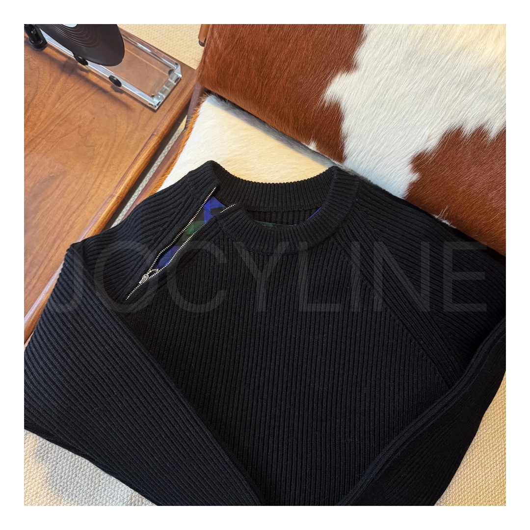 【JOCYLINE】25秋冬新品侧开半拉链拼格纹羊毛毛衣男款宽松针织衫
