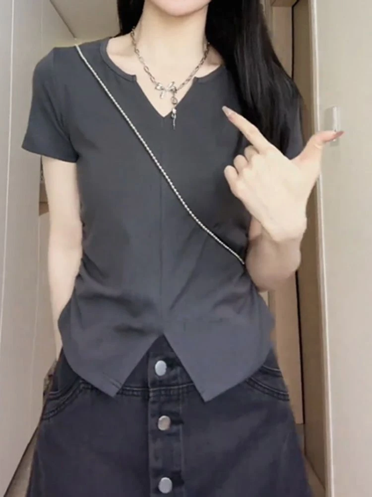 棉质大码v领修身不规则短袖正肩上衣女夏季微胖mm百搭开叉显瘦t恤
