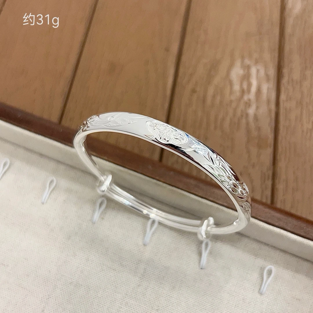 足银手镯 足银9999亮面龙凤平安福字推拉手镯实心可调节中老年