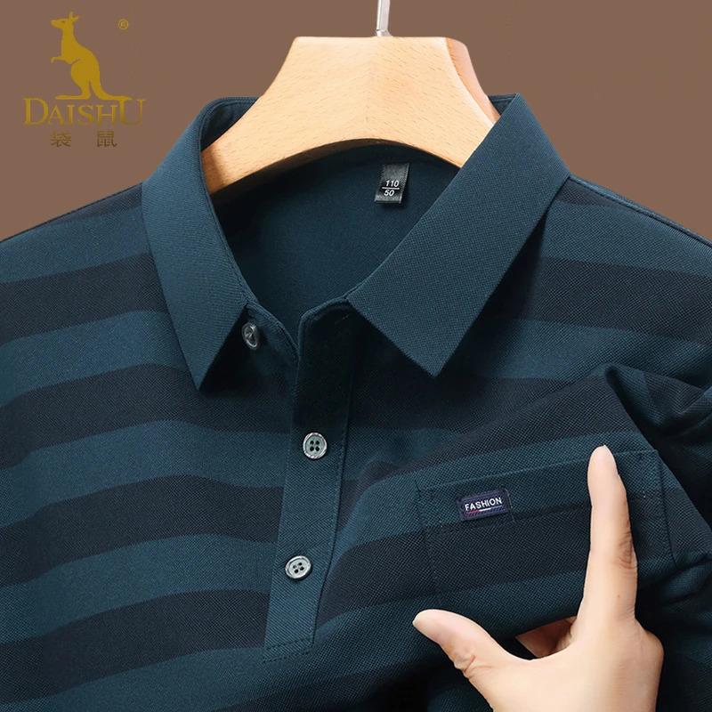 袋鼠春秋男士条纹t恤长袖中年爸爸装有口袋翻领大码体恤免烫上衣