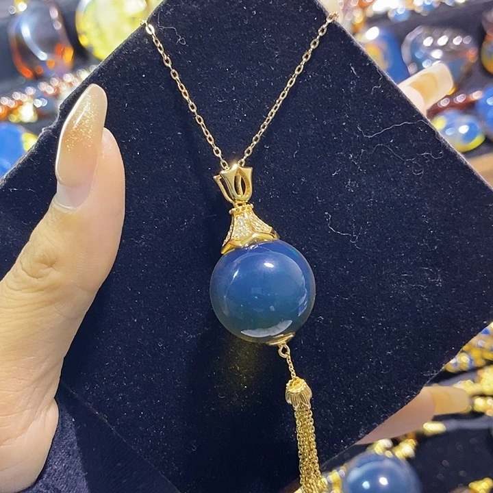 蓝珀银S925镶嵌珠宝奇石墨西哥蓝珀吊坠20