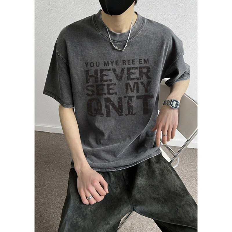 夏季棉质印花T恤男士水洗做旧美式简约休闲百搭宽松短袖DX05-2