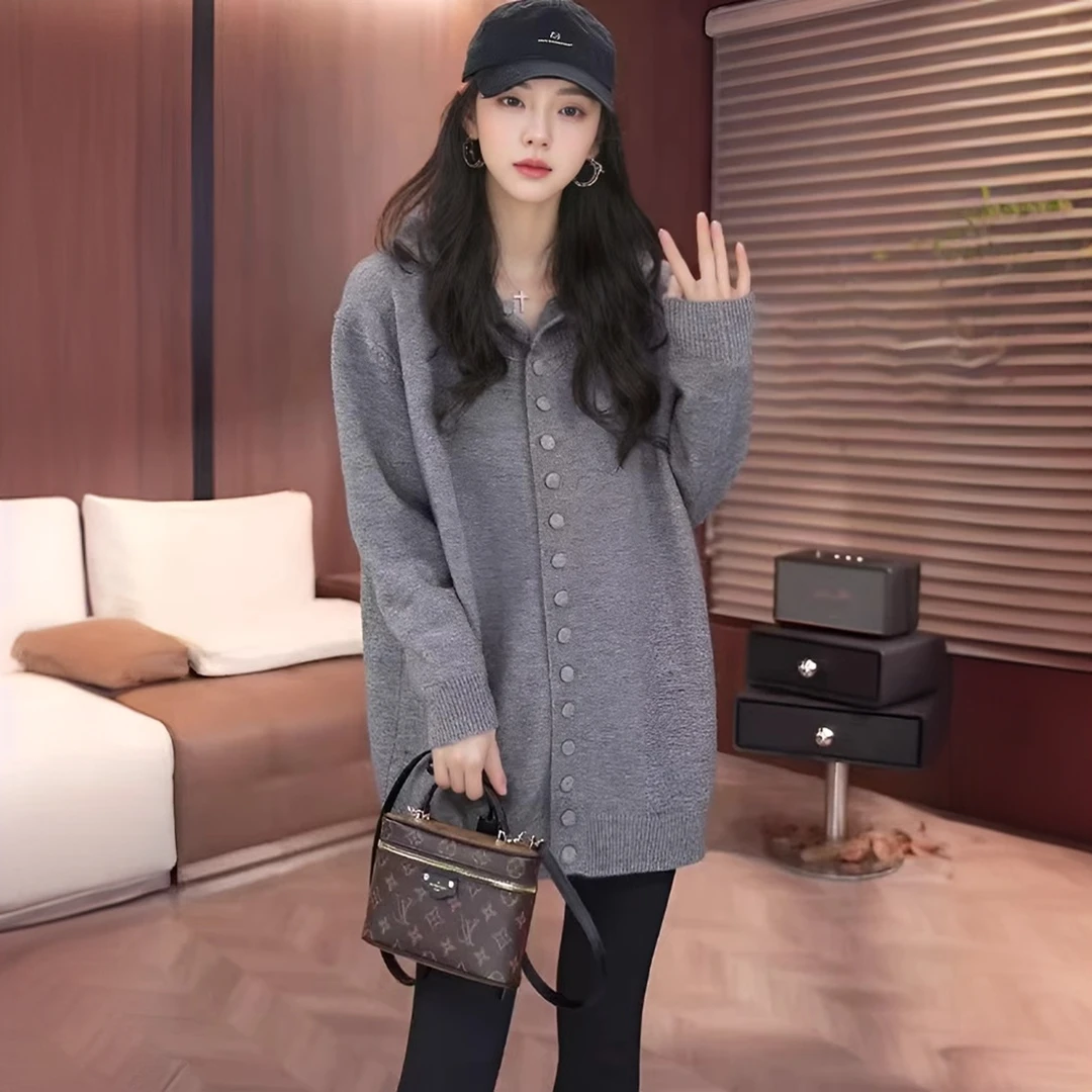 慵懒风连帽针织衫女开衫上衣春秋冬季新款卫衣韩版宽松毛衣外套