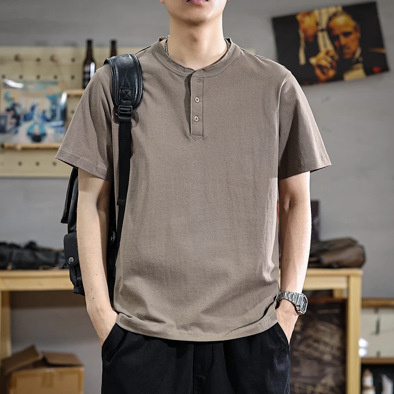 aoyu/遨宇美式复古亨利领短袖T恤男夏季新款潮牌宽松透气大码体恤