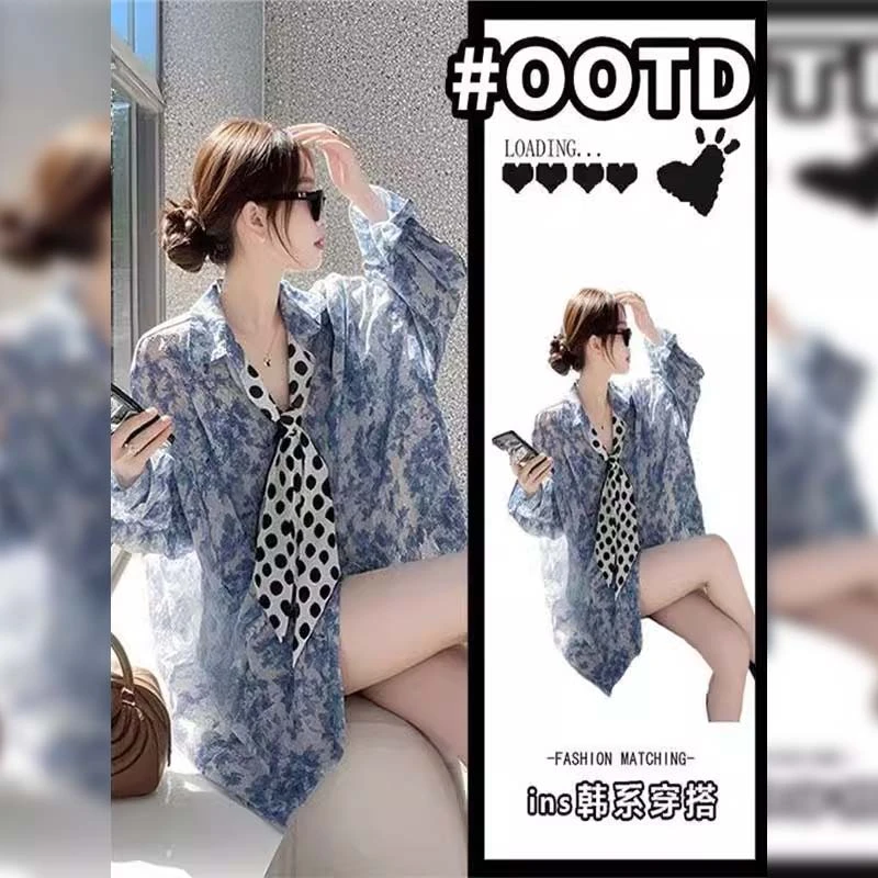 2025春秋季新款女士超好看时尚独特漂亮衬衫蓝色时髦碎花领结上衣